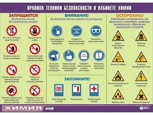 Таблица демонстрационная "Правила техники безопасности в кабинете химии" (винил 70х100) - fgospostavki.ru - Ейск